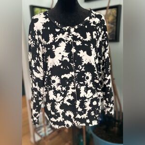 GRACE Embellished Button-Up Black on White Floral Cardigan Sweater Size XL